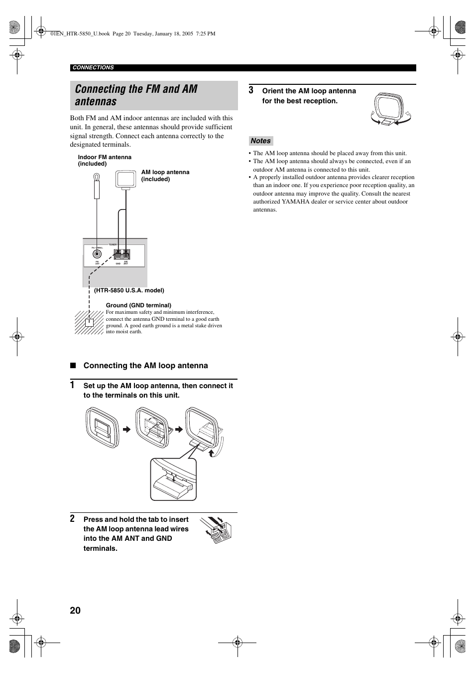 Connecting the fm and am antennas, Connecting the am loop antenna | Yamaha HTR-5850 User Manual | Page 24 / 91