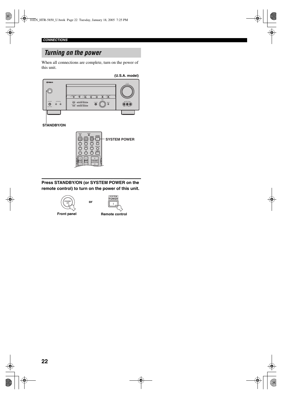 Turning on the power | Yamaha HTR-5850 User Manual | Page 26 / 91