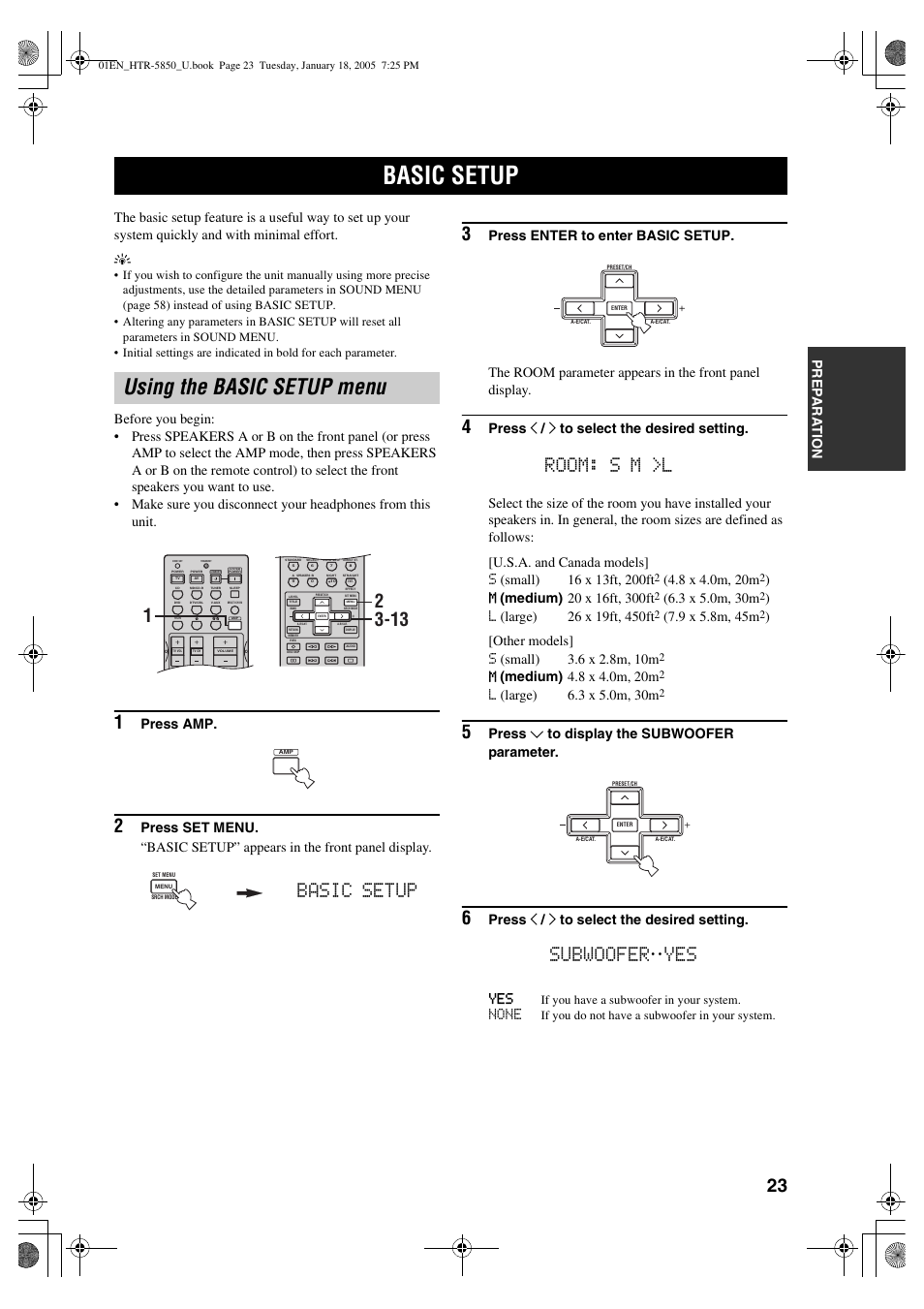 Basic setup, Using the basic setup menu, Room: s m >l | Subwoofer, Press amp, Press j / i to select the desired setting, Press d to display the subwoofer parameter, Press j / i to select the desired setting. yes, None | Yamaha HTR-5850 User Manual | Page 27 / 91