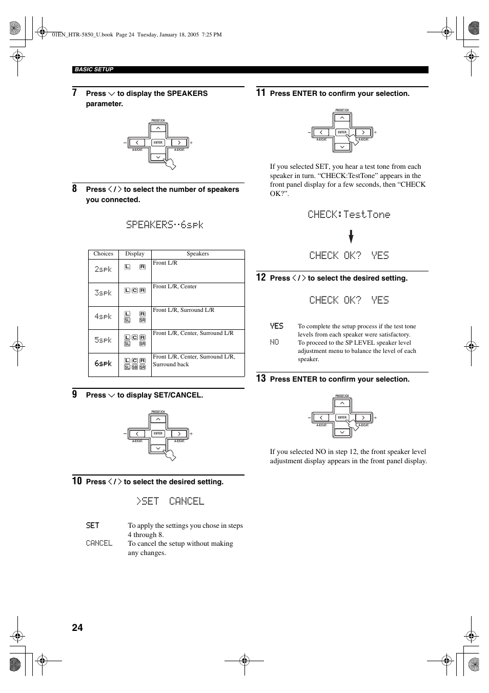 Speakers, 6spk 9, Set cancel | Check:testtone check ok? yes 12, Check ok? yes | Yamaha HTR-5850 User Manual | Page 28 / 91
