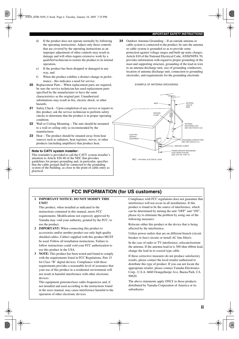 Fcc information (for us customers) | Yamaha HTR-5850 User Manual | Page 3 / 91