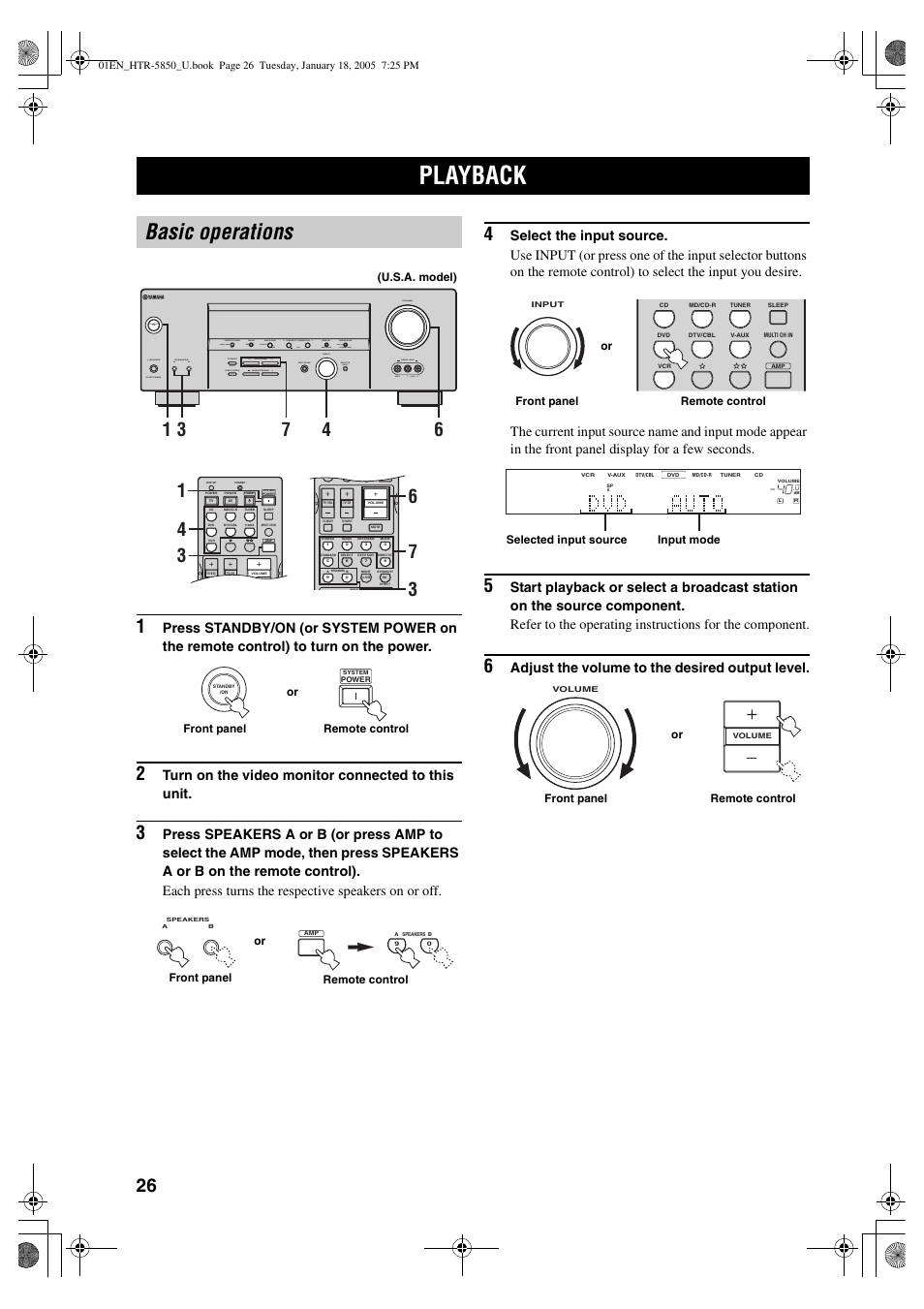 Playback, Basic operations, Turn on the video monitor connected to this unit | Adjust the volume to the desired output level | Yamaha HTR-5850 User Manual | Page 30 / 91