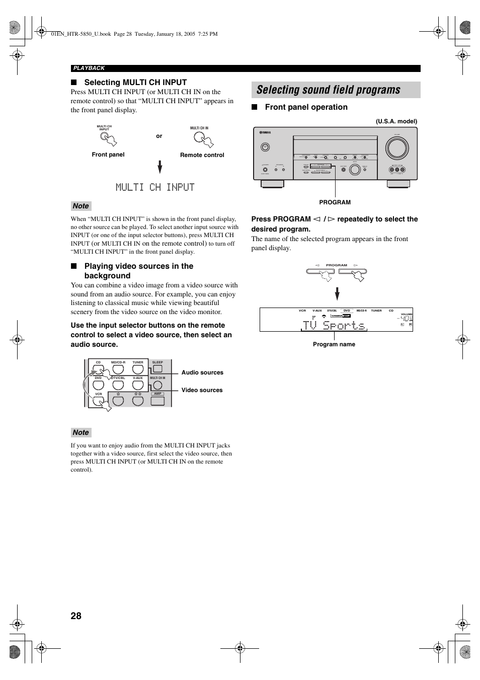 Selecting sound field programs, Tv sports, Multi ch input | Selecting multi ch input, Playing video sources in the background, Front panel operation | Yamaha HTR-5850 User Manual | Page 32 / 91