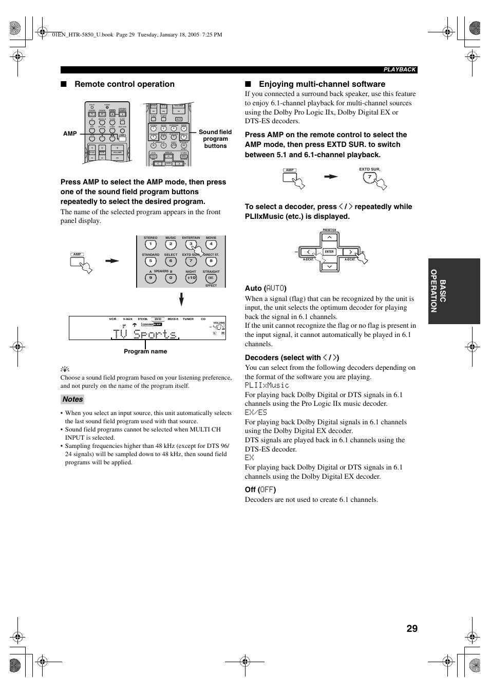 Tv sports, Remote control operation, Enjoying multi-channel software | Basic o pera t ion, Playback, Sound field program buttons amp, Program name | Yamaha HTR-5850 User Manual | Page 33 / 91