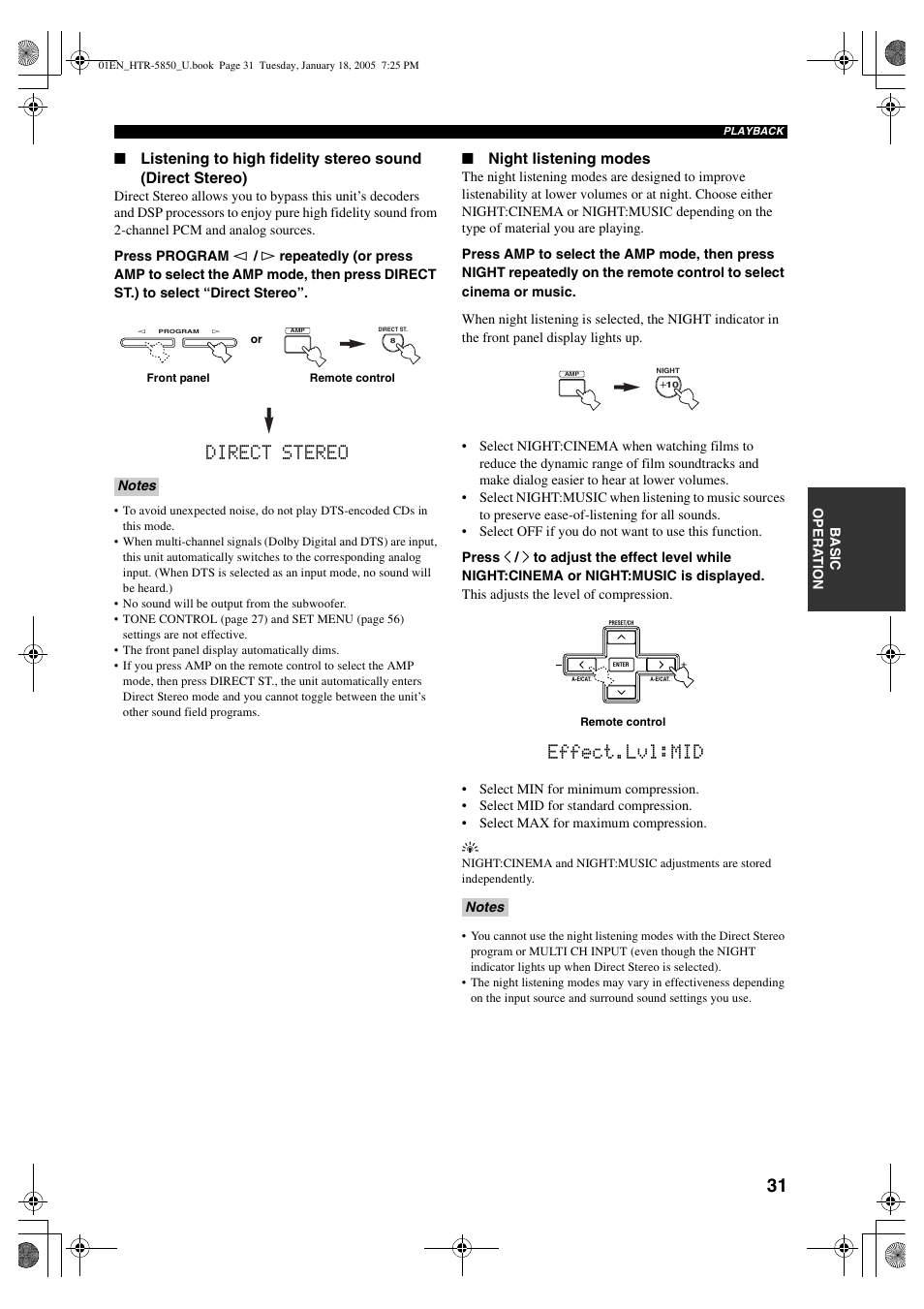 Direct stereo, Effect.lvl:mid | Yamaha HTR-5850 User Manual | Page 35 / 91