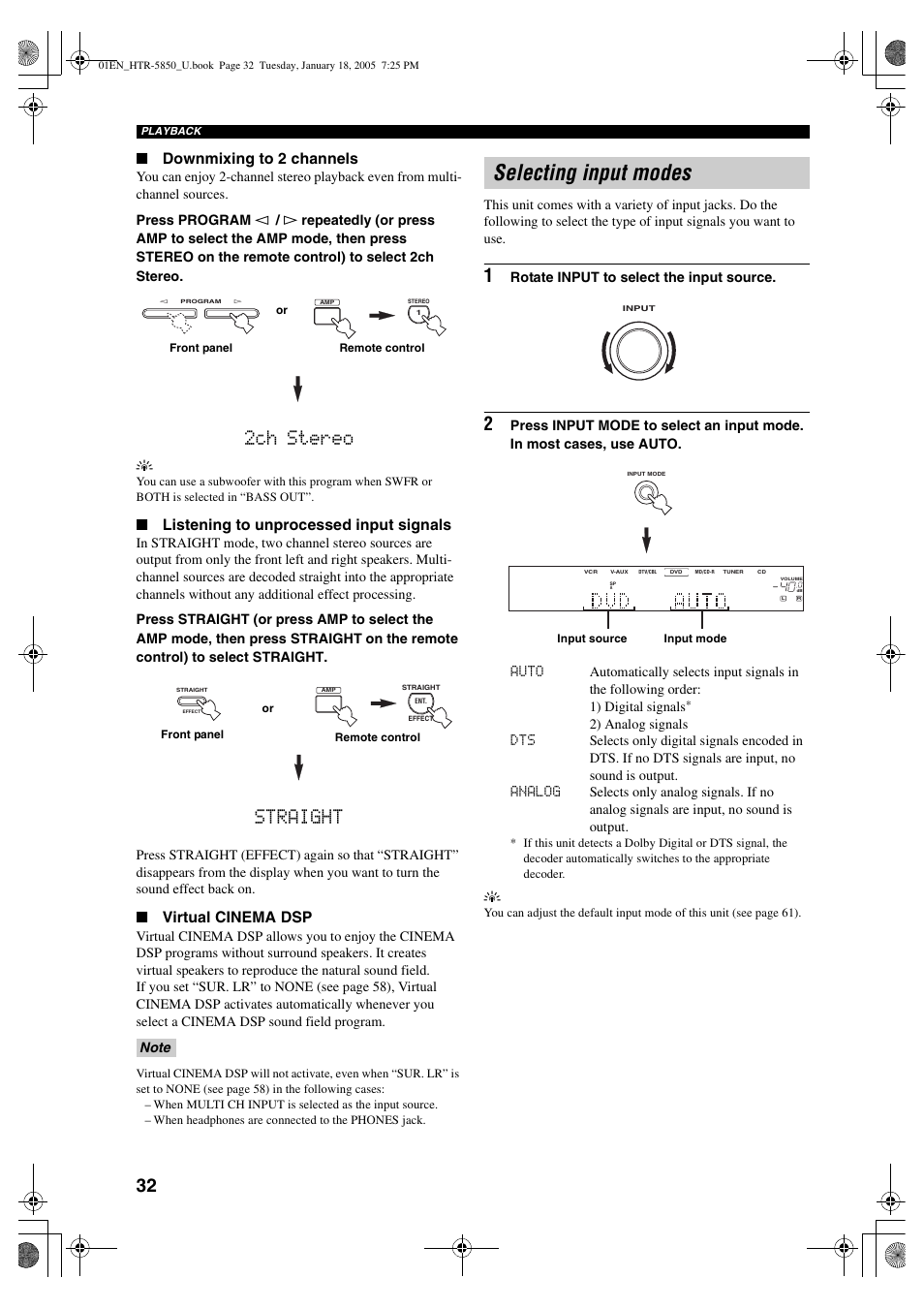 Selecting input modes, 2ch stereo, Straight | Downmixing to 2 channels, Listening to unprocessed input signals, Virtual cinema dsp | Yamaha HTR-5850 User Manual | Page 36 / 91