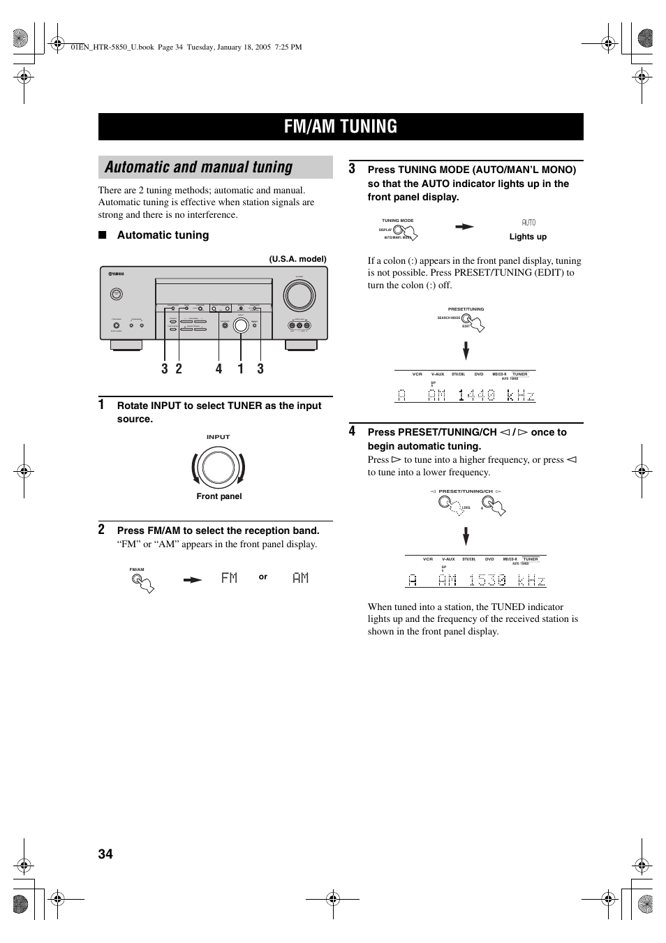 Fm/am tuning, Automatic and manual tuning, Am fm | Yamaha HTR-5850 User Manual | Page 38 / 91