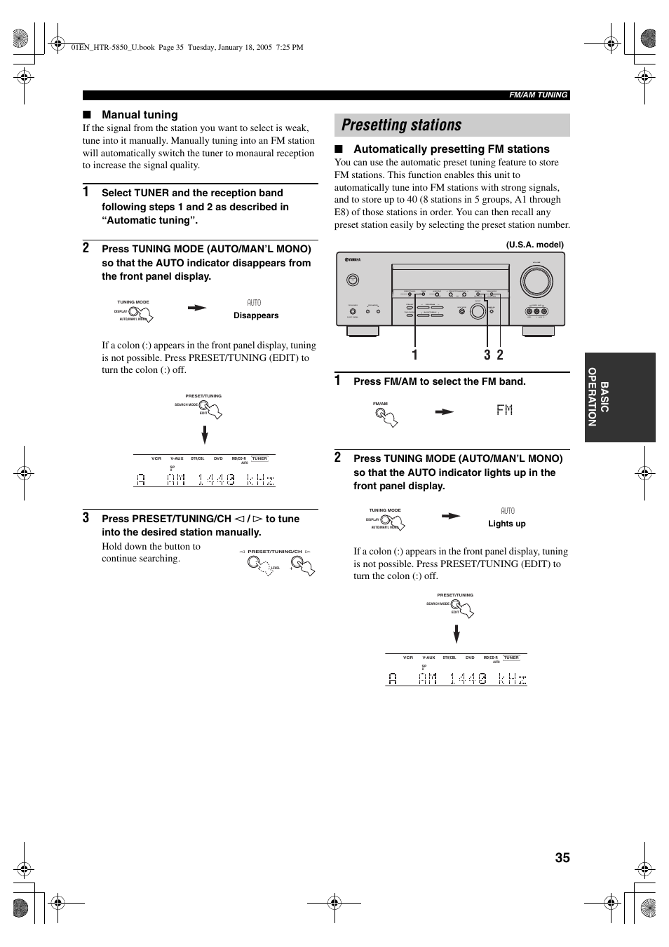 Presetting stations, Manual tuning, Automatically presetting fm stations | Yamaha HTR-5850 User Manual | Page 39 / 91