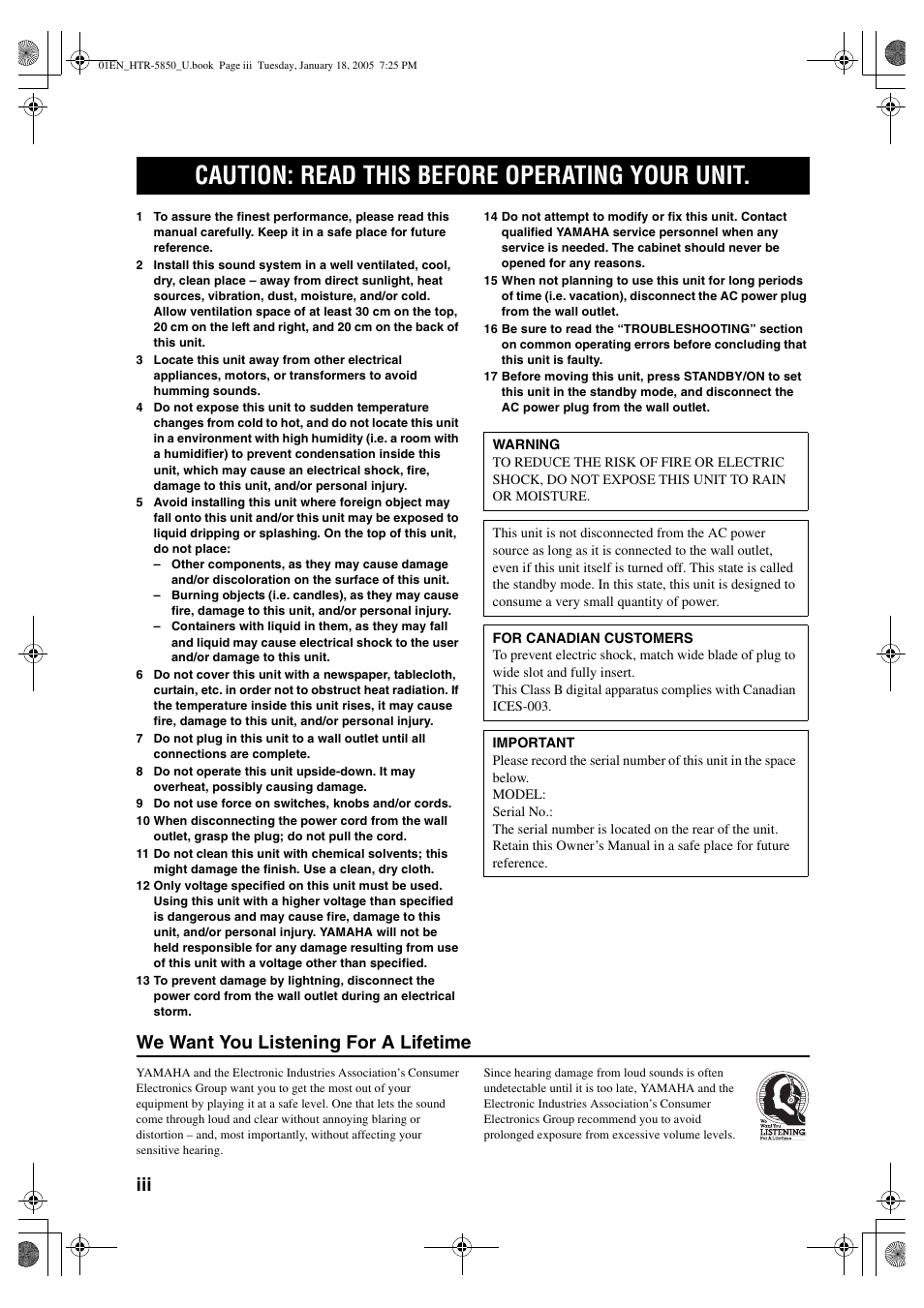 Caution: read this before operating your unit, We want you listening for a lifetime | Yamaha HTR-5850 User Manual | Page 4 / 91