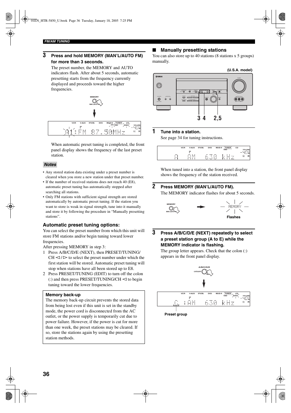 Automatic preset tuning options, Manually presetting stations | Yamaha HTR-5850 User Manual | Page 40 / 91
