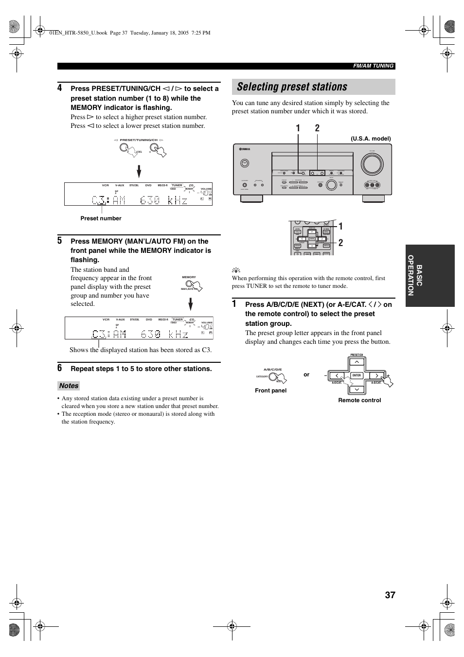 Selecting preset stations, Basic o pera t ion, Repeat steps 1 to 5 to store other stations | Shows the displayed station has been stored as c3 | Yamaha HTR-5850 User Manual | Page 41 / 91