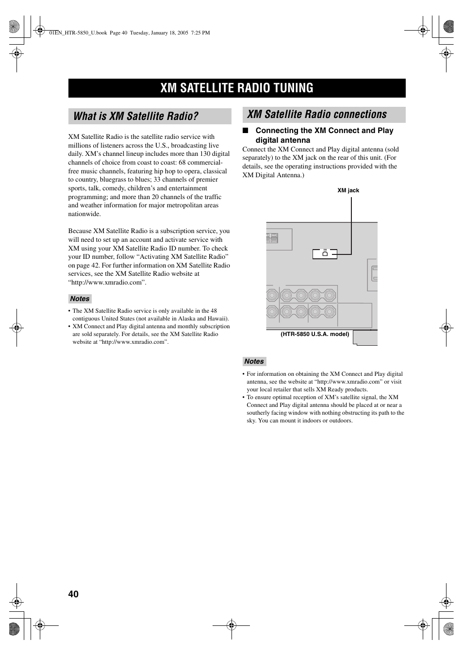 Xm satellite radio tuning, What is xm satellite radio, Xm satellite radio connections | Yamaha HTR-5850 User Manual | Page 44 / 91
