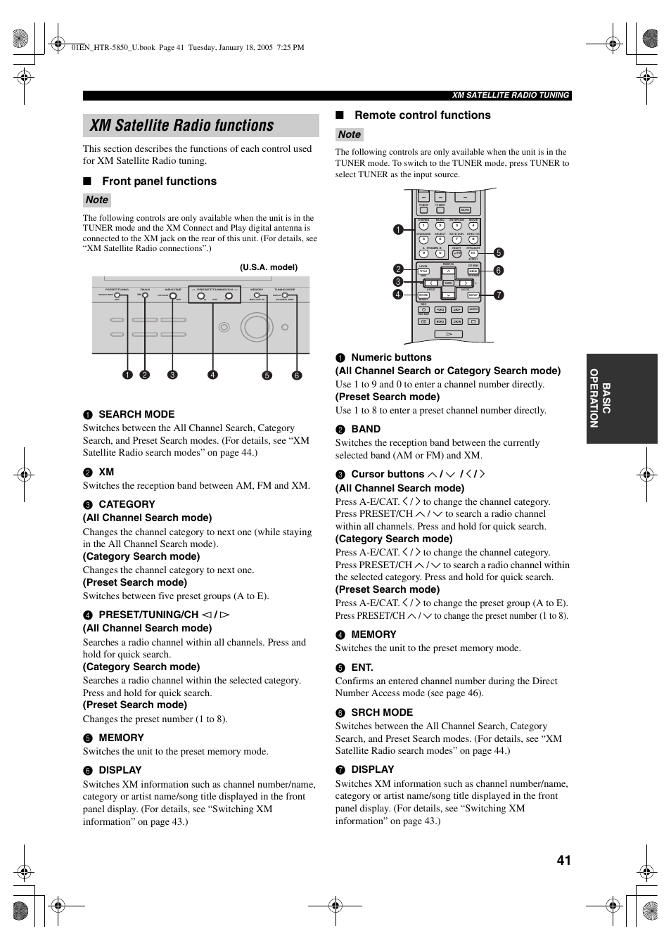 Xm satellite radio functions, Front panel functions, Remote control functions | Yamaha HTR-5850 User Manual | Page 45 / 91