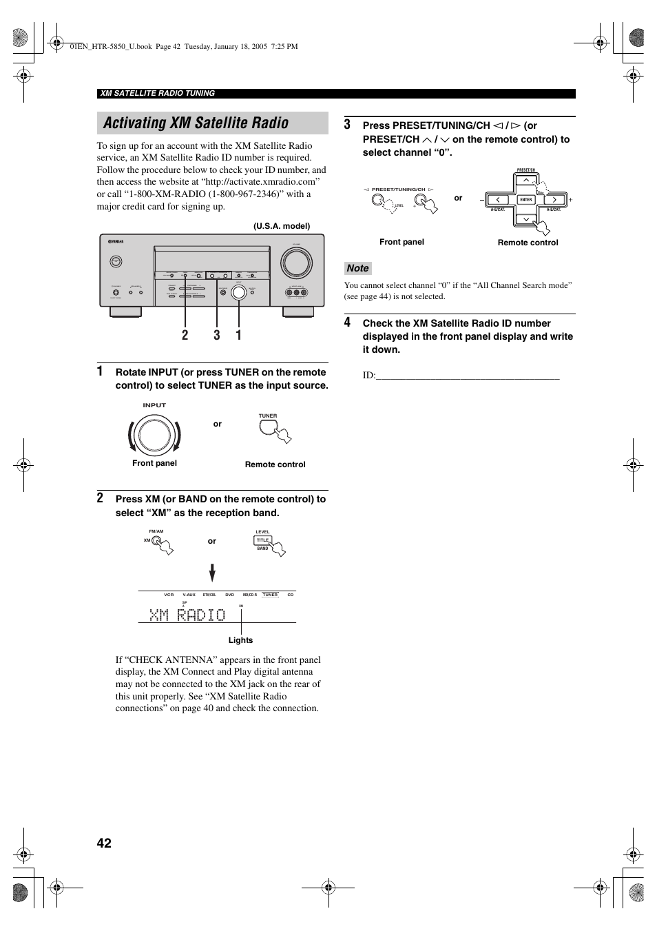 Activating xm satellite radio, Xm radio | Yamaha HTR-5850 User Manual | Page 46 / 91