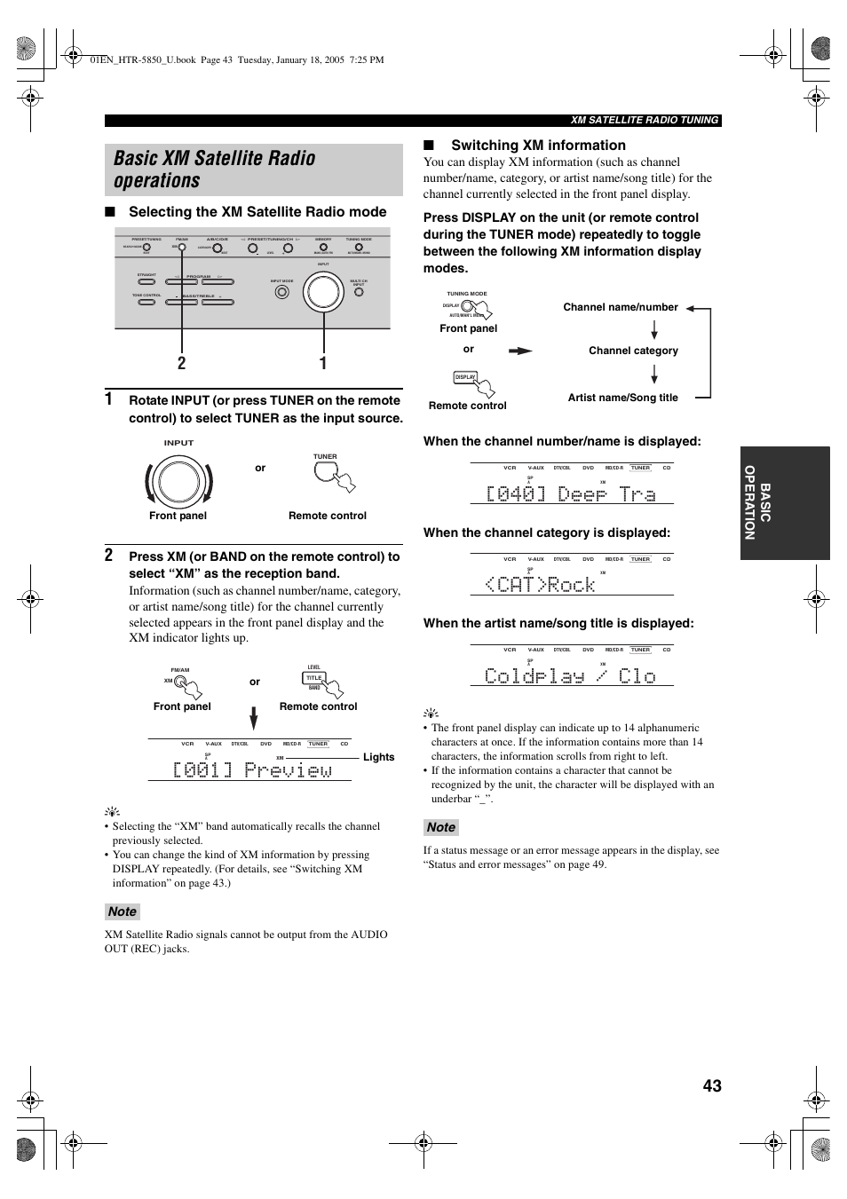 Basic xm satellite radio operations, 001] preview, 040] deep tra | Cat>rock, Coldplay / clo, Selecting the xm satellite radio mode, Switching xm information, Basic o pera t ion | Yamaha HTR-5850 User Manual | Page 47 / 91