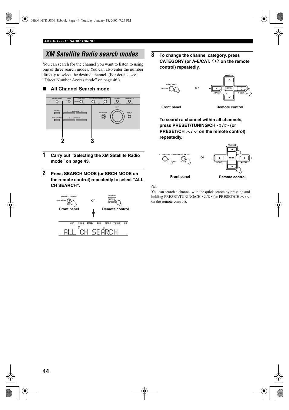 Xm satellite radio search modes, All ch search, All channel search mode | Yamaha HTR-5850 User Manual | Page 48 / 91