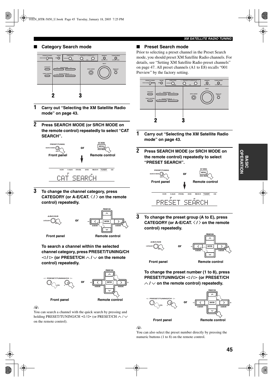 Cat search, Preset search, Category search mode | Preset search mode, Basic o pera t ion | Yamaha HTR-5850 User Manual | Page 49 / 91