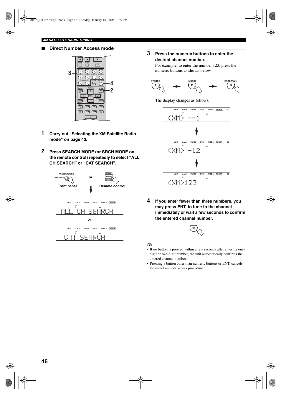 All ch search, Cat search, Xm> -12 | Xm>123, Direct number access mode, Xm satellite radio tuning, Or front panel remote control | Yamaha HTR-5850 User Manual | Page 50 / 91