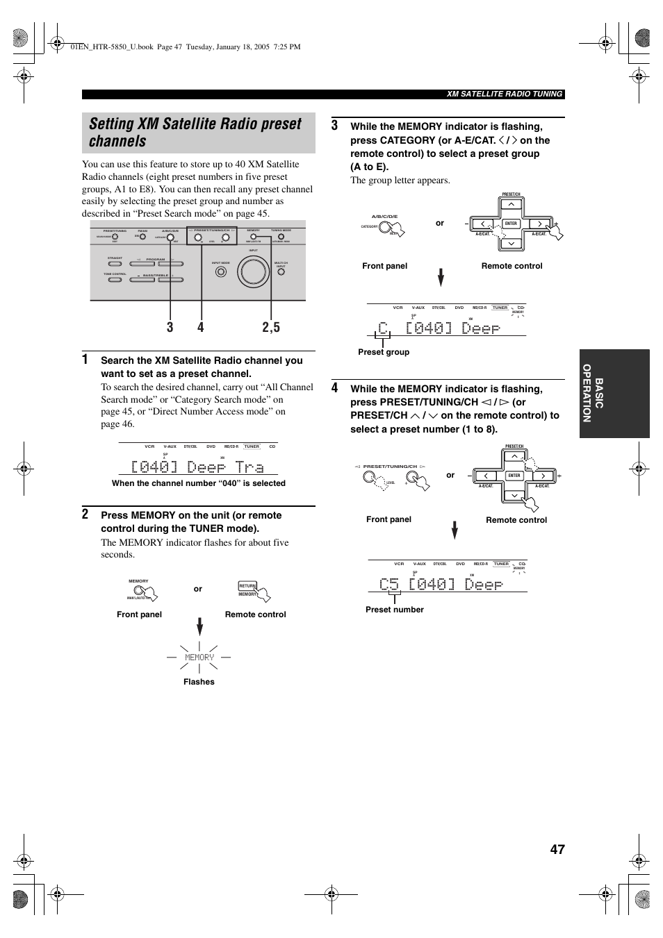 Setting xm satellite radio preset channels, 040] deep tra, C [040] deep | C5 [040] deep | Yamaha HTR-5850 User Manual | Page 51 / 91
