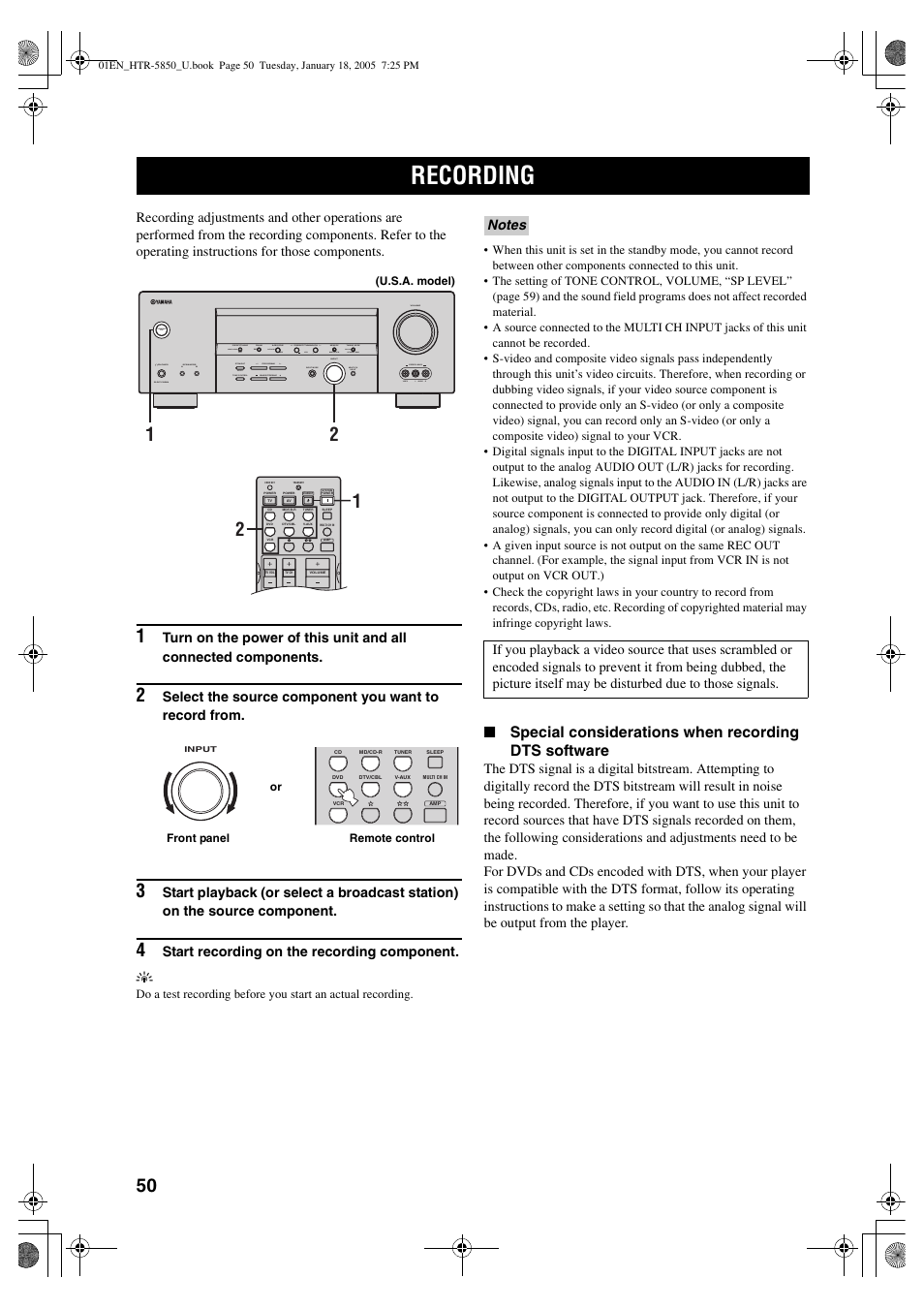 Recording, Special considerations when recording dts software | Yamaha HTR-5850 User Manual | Page 54 / 91