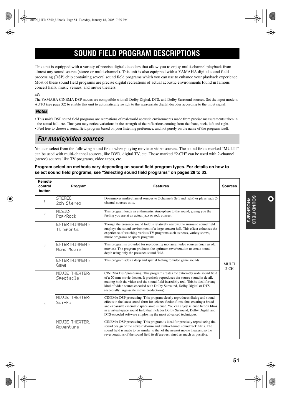 Sound field program descriptions, For movie/video sources | Yamaha HTR-5850 User Manual | Page 55 / 91