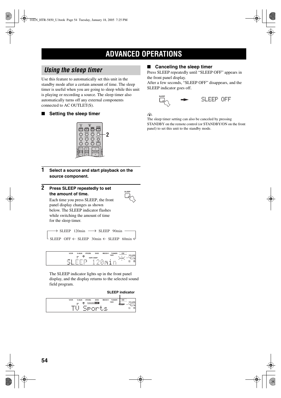 Advanced operations, Using the sleep timer, Tv sports | Sleep off, Setting the sleep timer, Canceling the sleep timer | Yamaha HTR-5850 User Manual | Page 58 / 91