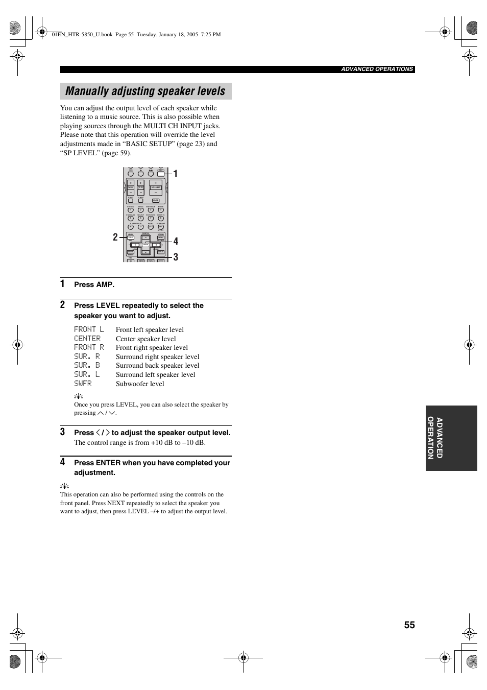 Manually adjusting speaker levels, Press amp | Yamaha HTR-5850 User Manual | Page 59 / 91