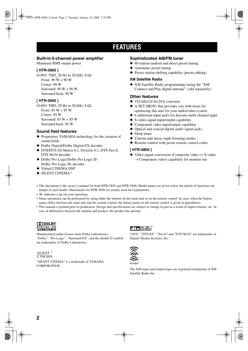 Features | Yamaha HTR-5850 User Manual | Page 6 / 91