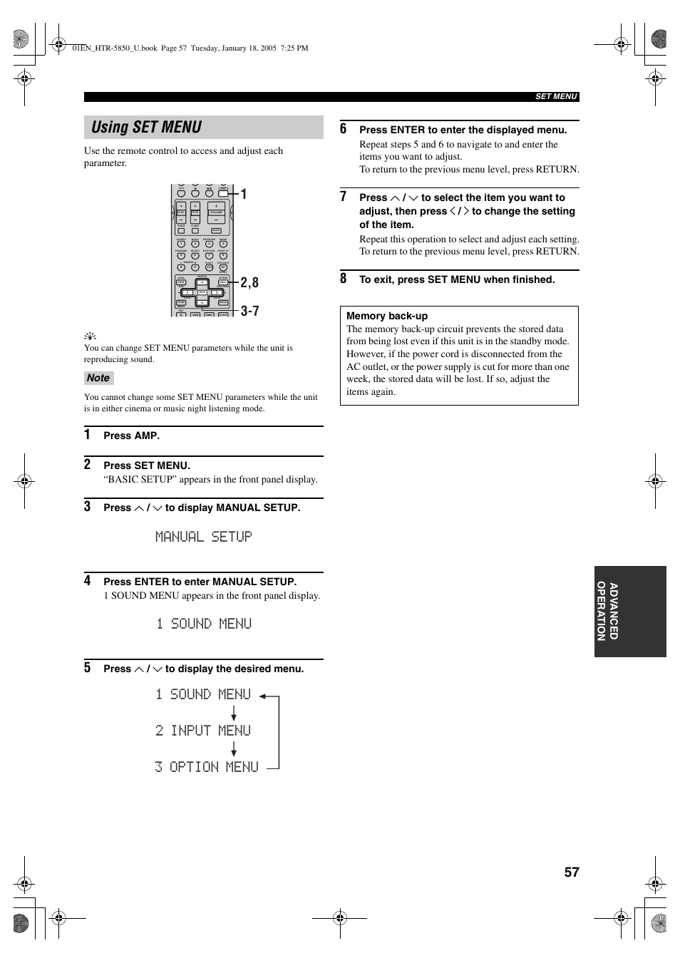 Using set menu, Manual setup 4, 1 sound menu 5 | Press amp, Press u / d to display manual setup, Press u / d to display the desired menu | Yamaha HTR-5850 User Manual | Page 61 / 91
