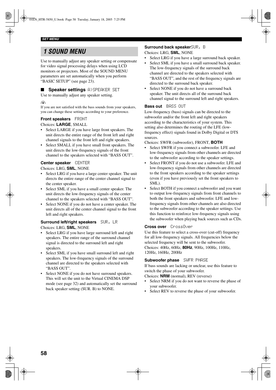 1 sound menu | Yamaha HTR-5850 User Manual | Page 62 / 91