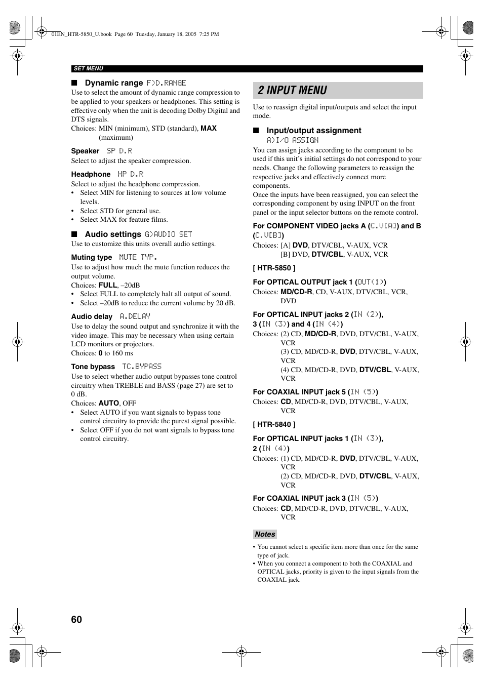 2 input menu | Yamaha HTR-5850 User Manual | Page 64 / 91