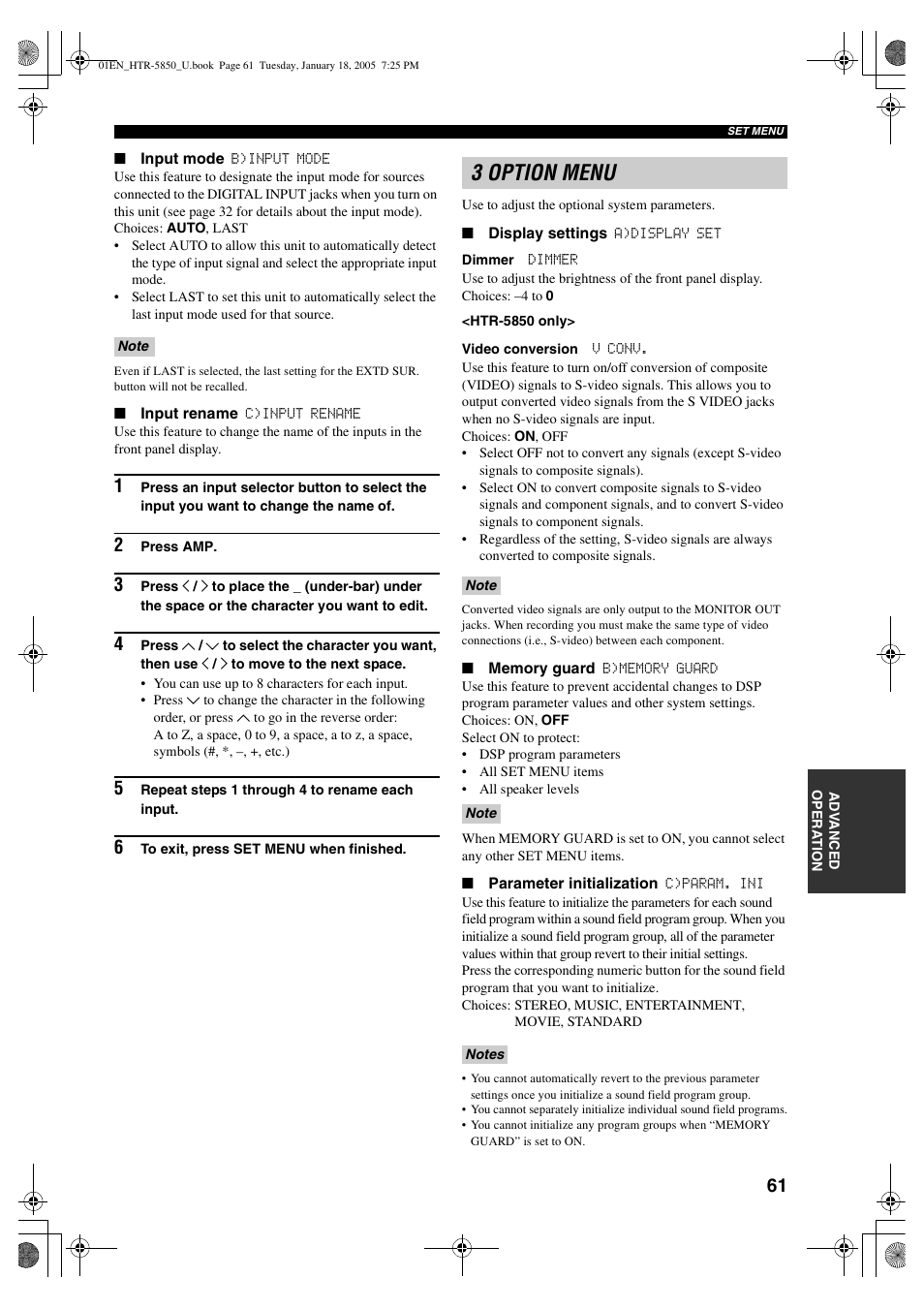 3 option menu | Yamaha HTR-5850 User Manual | Page 65 / 91