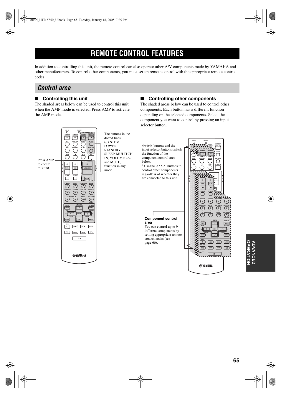 Control area, Controlling this unit, Controlling other components | Remote control features | Yamaha HTR-5850 User Manual | Page 69 / 91