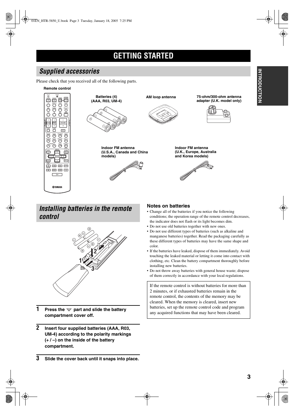 Supplied accessories, Installing batteries in the remote control, Slide the cover back until it snaps into place | Getting started | Yamaha HTR-5850 User Manual | Page 7 / 91