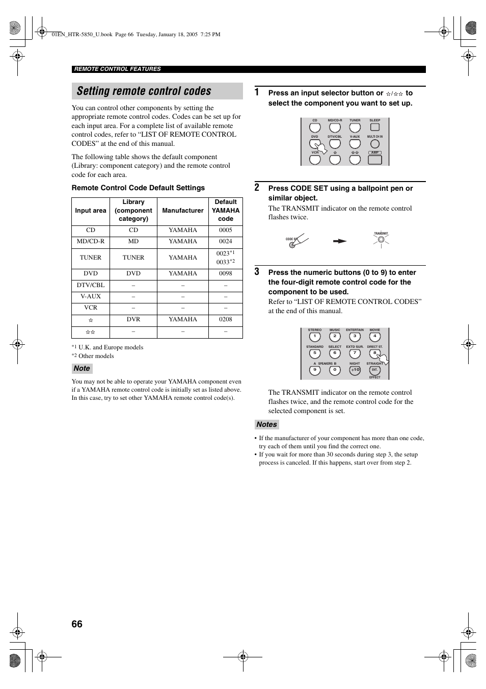 Setting remote control codes | Yamaha HTR-5850 User Manual | Page 70 / 91