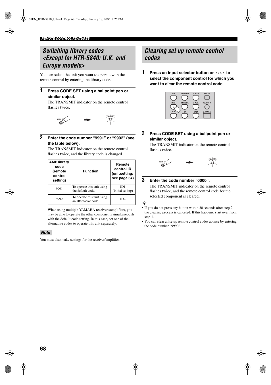 Clearing set up remote control codes | Yamaha HTR-5850 User Manual | Page 72 / 91