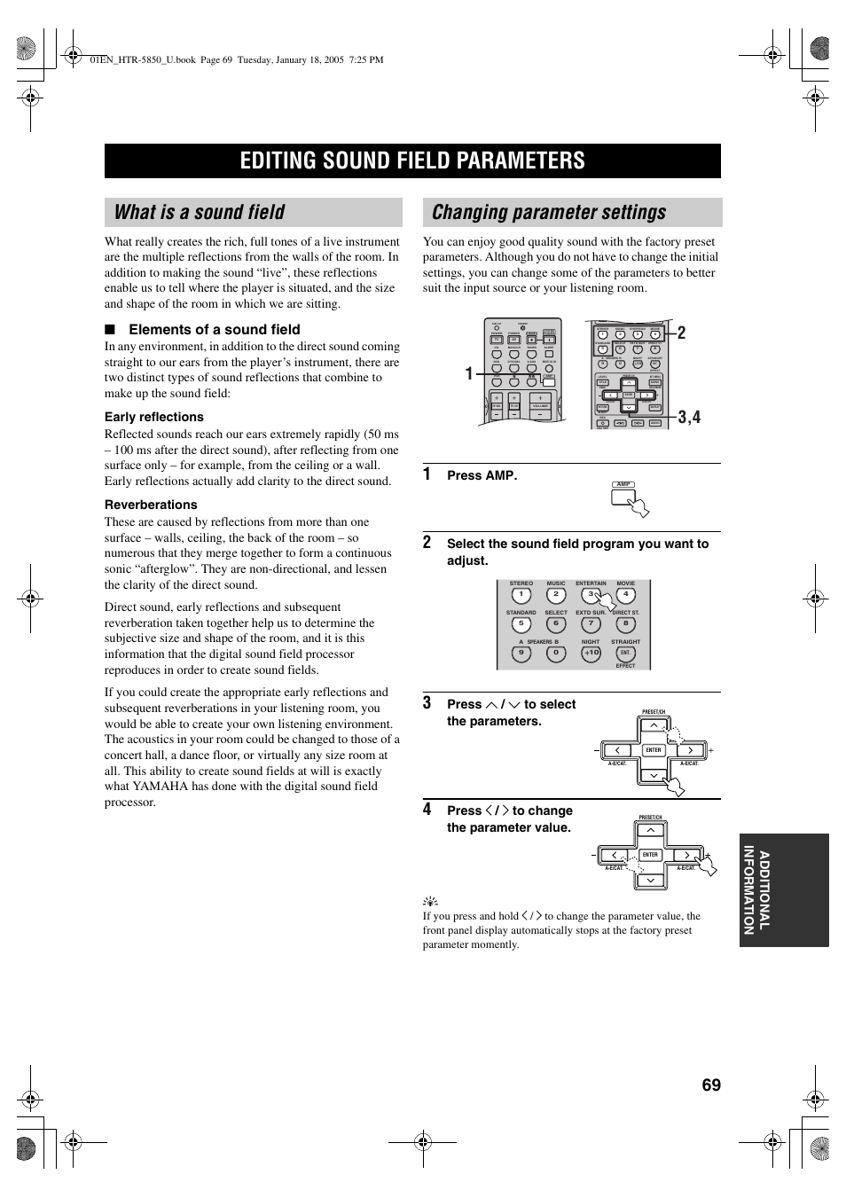 Editing sound field parameters, What is a sound field changing parameter settings, Elements of a sound field | Press amp, Select the sound field program you want to adjust, Press u / d to select the parameters, Press j / i to change the parameter value. y | Yamaha HTR-5850 User Manual | Page 73 / 91