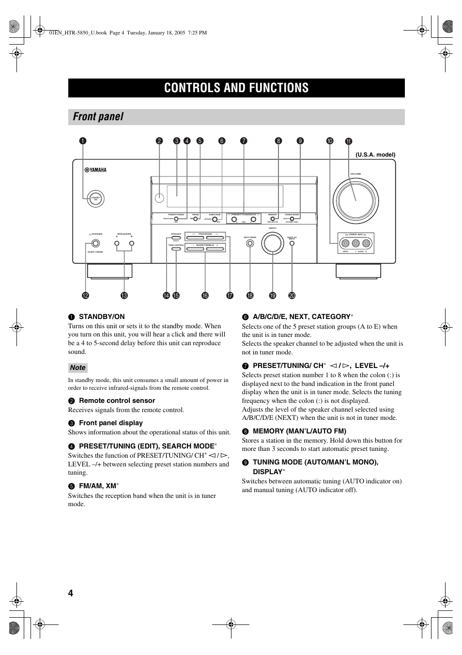 Controls and functions, Front panel, Switches the function of preset/tuning/ ch | Yamaha HTR-5850 User Manual | Page 8 / 91