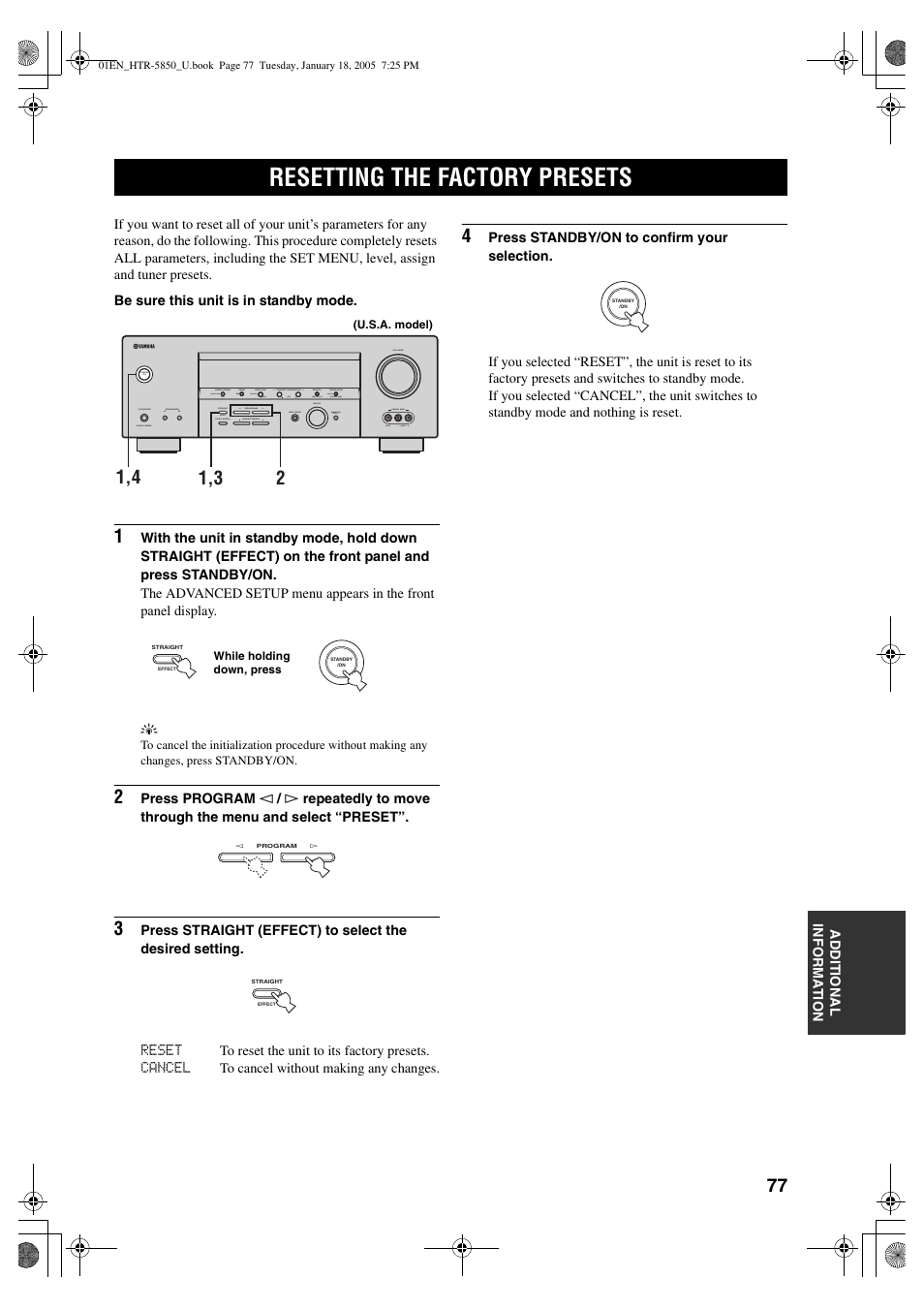 Resetting the factory presets | Yamaha HTR-5850 User Manual | Page 81 / 91