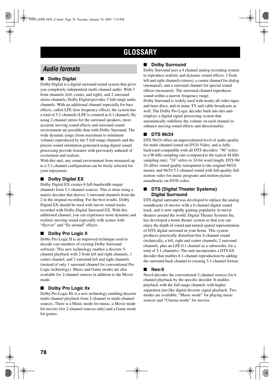 Glossary, Audio formats | Yamaha HTR-5850 User Manual | Page 82 / 91