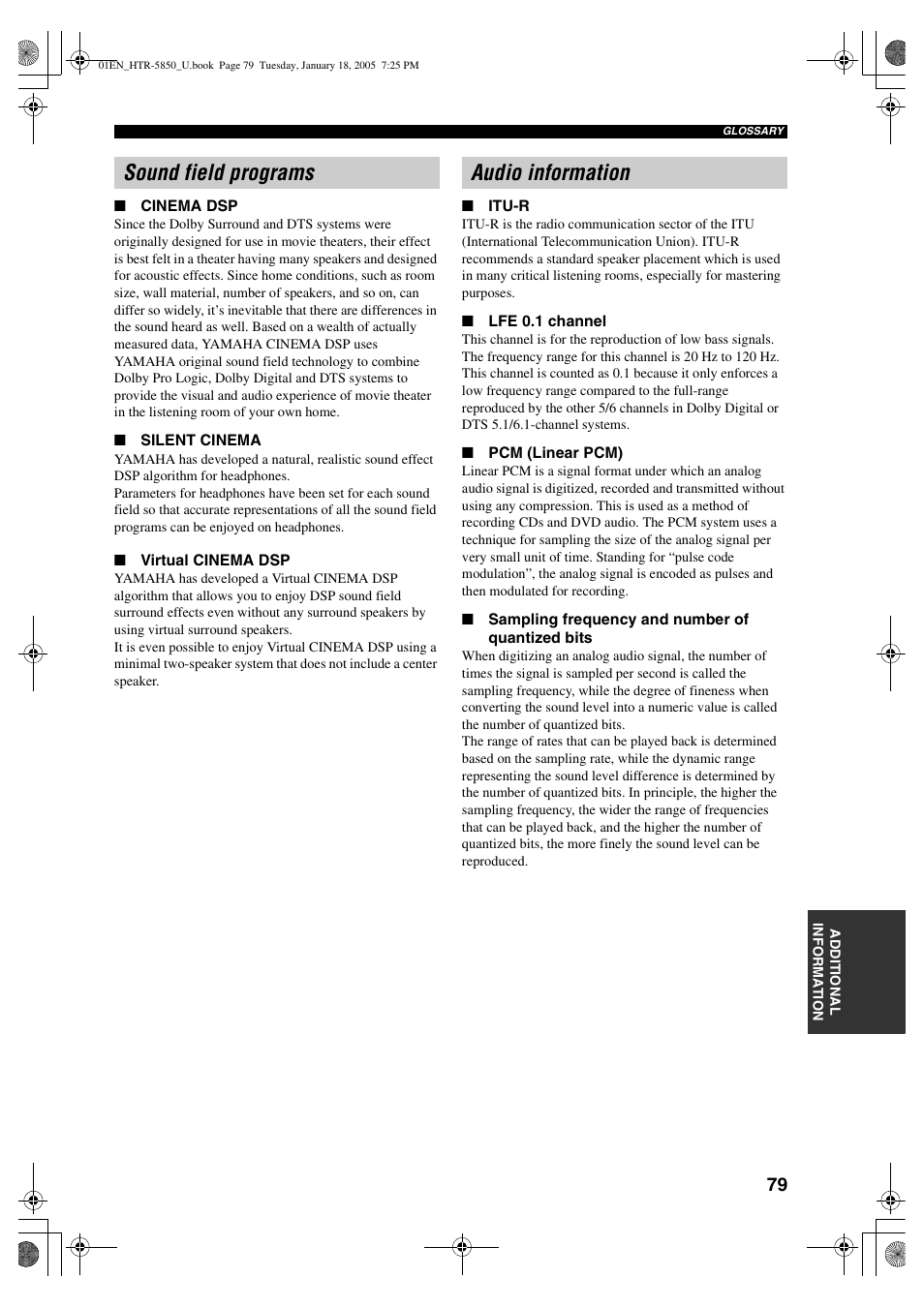 Sound field programs audio information | Yamaha HTR-5850 User Manual | Page 83 / 91