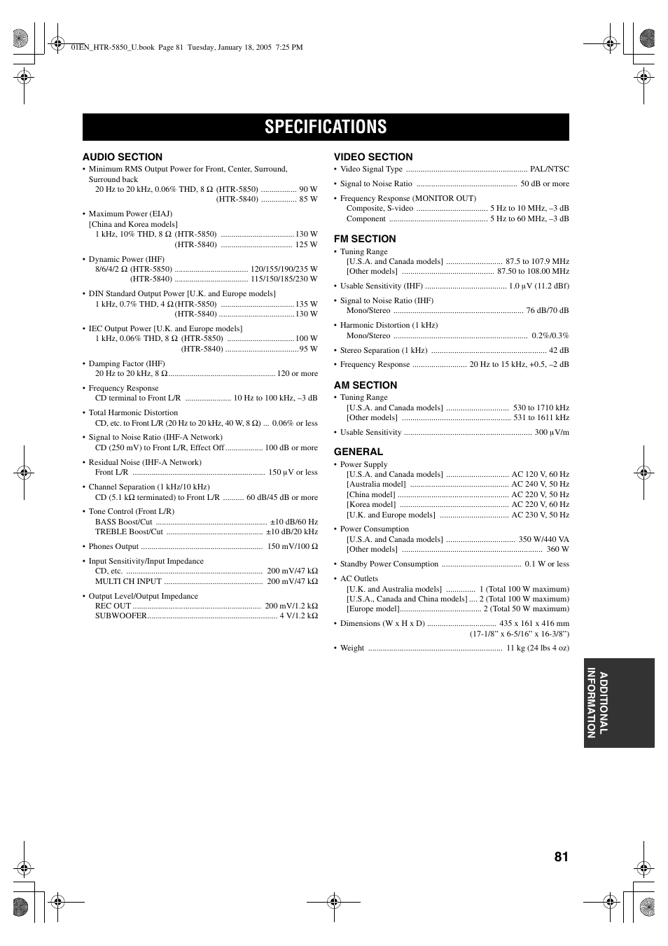 Specifications | Yamaha HTR-5850 User Manual | Page 85 / 91