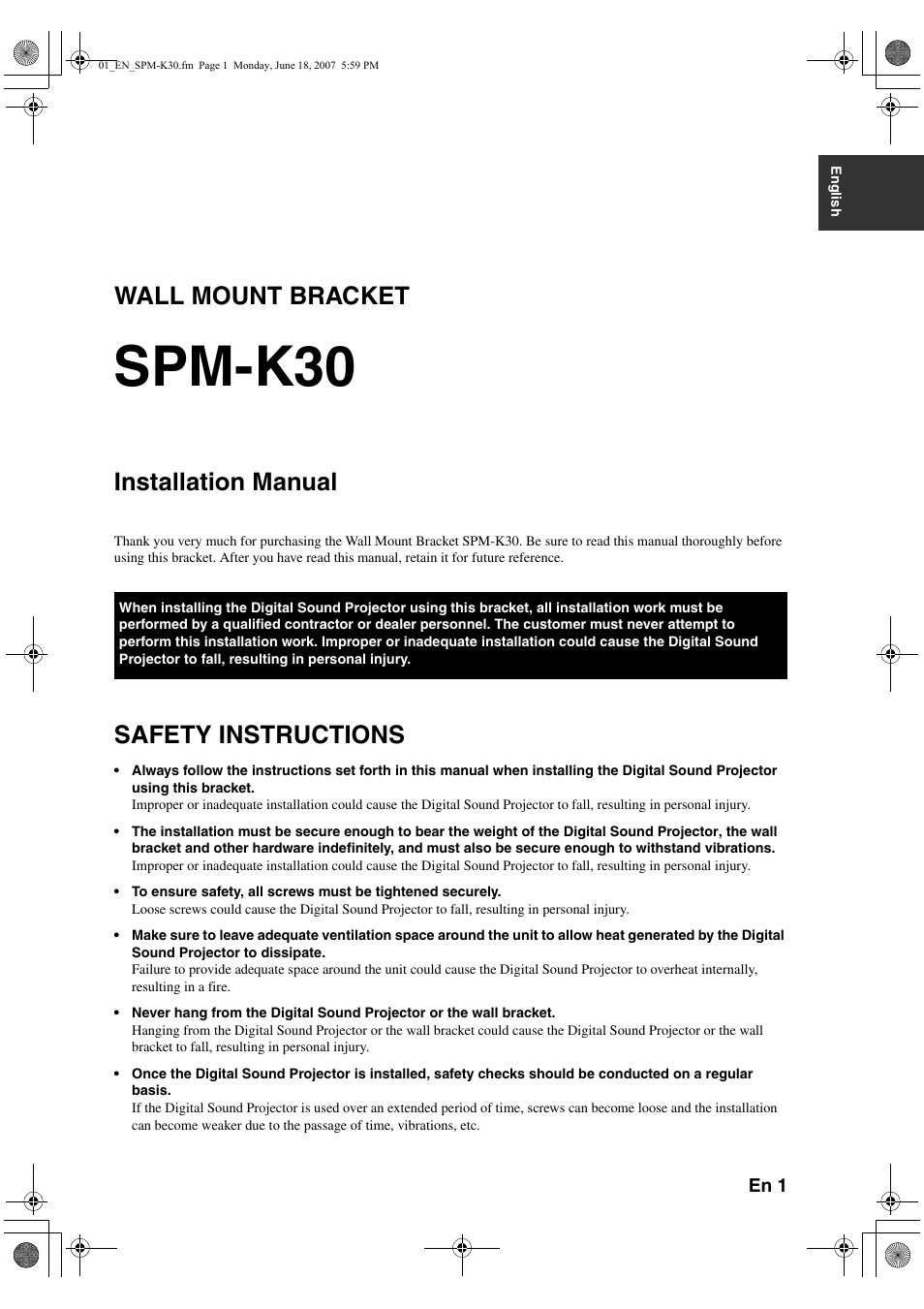 Safety instructions, Spm-k30, Wall mount bracket | Installation manual | Yamaha SPMK30 User Manual | Page 5 / 14