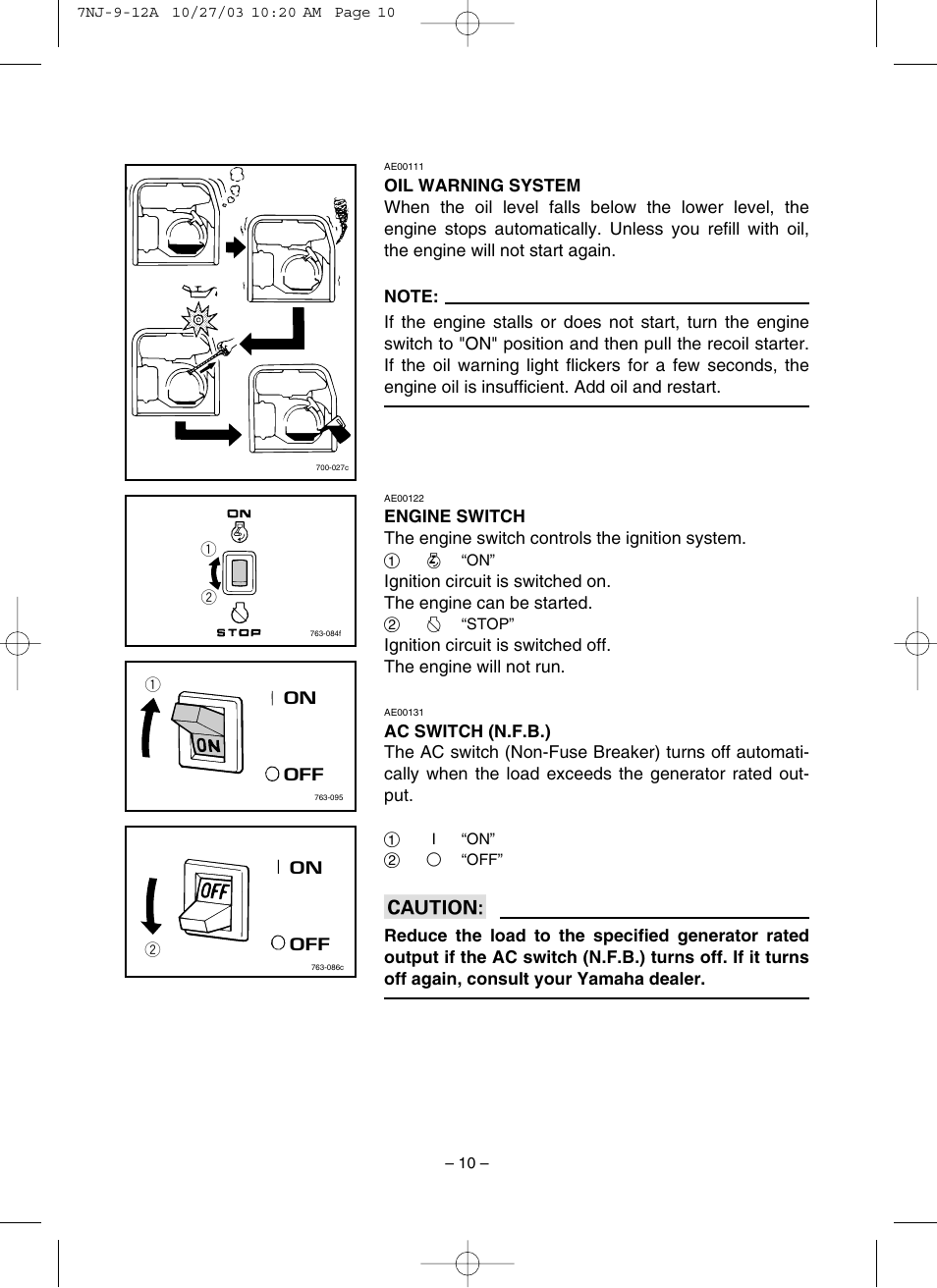 Oil warning system, Engine switch, Ac switch (n.f.b.) | Yamaha EF1600 User Manual | Page 15 / 41