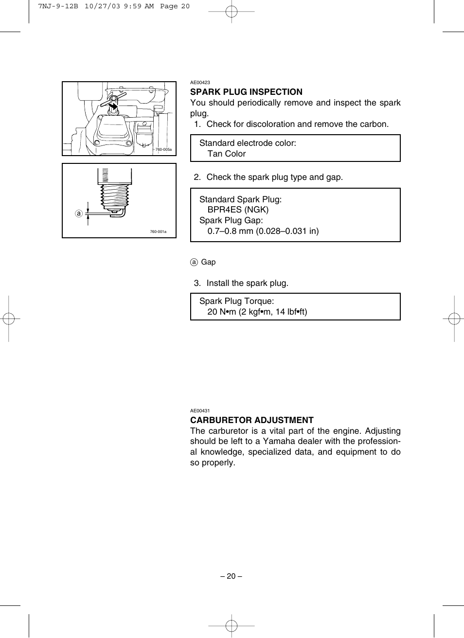 Spark plug inspection, Carburetor | Yamaha EF1600 User Manual | Page 25 / 41