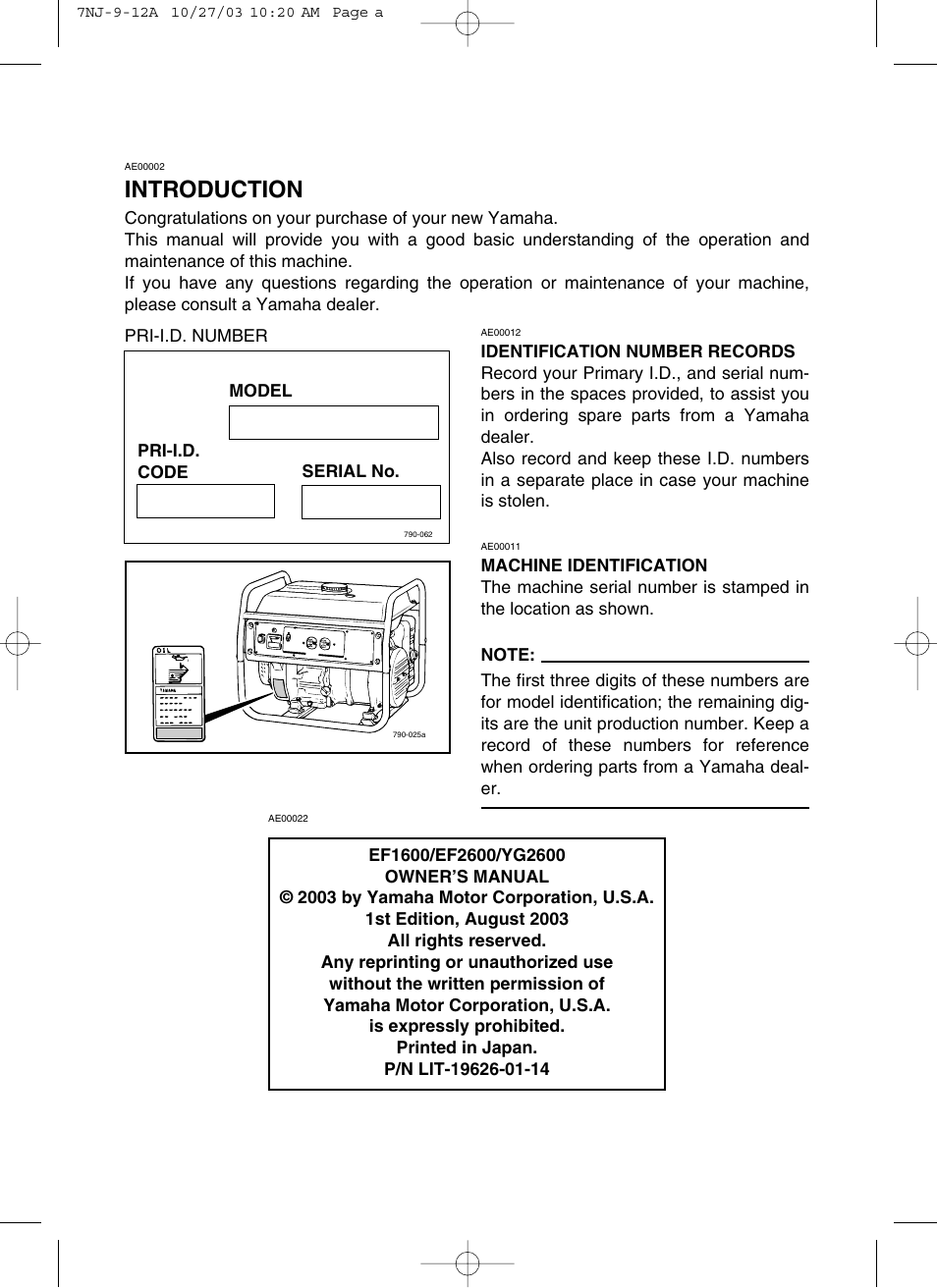 Introduction | Yamaha EF1600 User Manual | Page 3 / 41