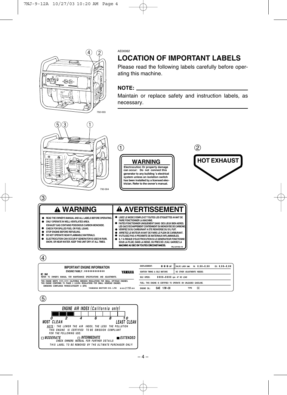 Location of important labels, Warning, Avertissement | Qe t, Hot exhaust | Yamaha EF1600 User Manual | Page 9 / 41