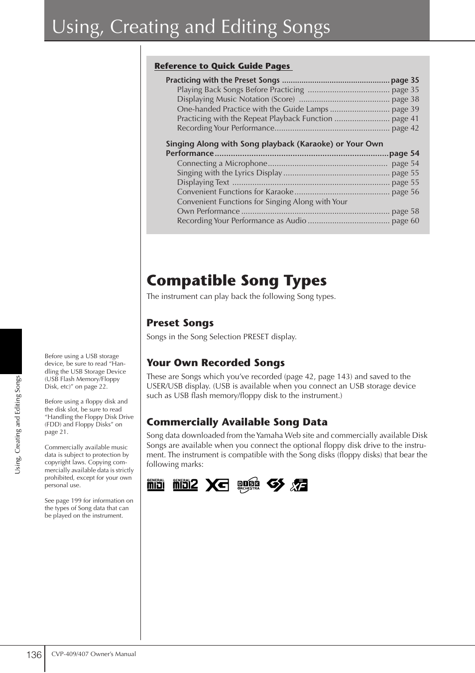 Using, creating and editing songs, Compatible song types | Yamaha CVP-409 User Manual | Page 136 / 226