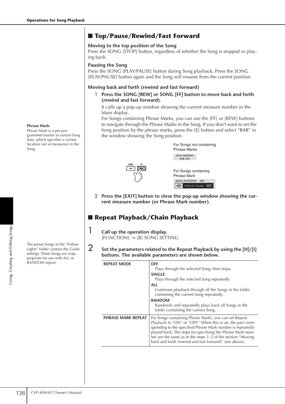 P. 138, Top/pause/rewind/fast forward, Repeat playback/chain playback | Yamaha CVP-409 User Manual | Page 138 / 226