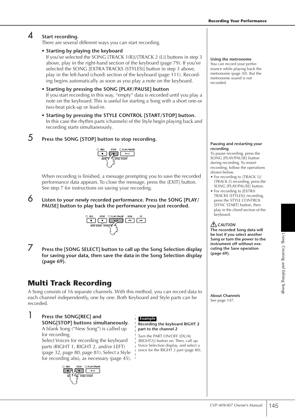 Multi track recording | Yamaha CVP-409 User Manual | Page 145 / 226